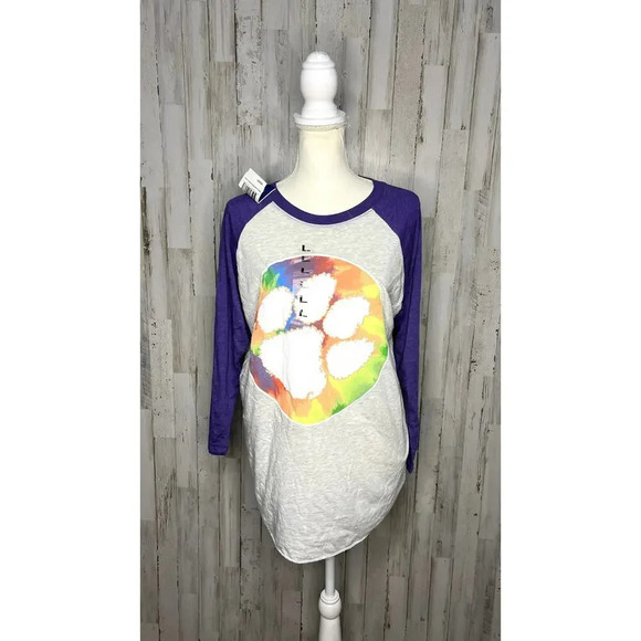 NWT Clemson Tigers Women's Large Purple/Gray Tie Dye Logo Graphic Raglan T-Shirt - Picture 2 of 5